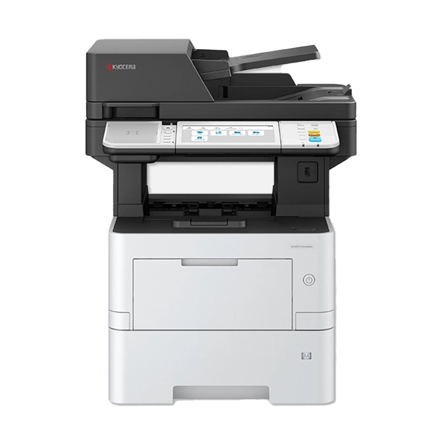 A front view of the Kyocera ECOSYS MA4500ix. This all in one office printer and best printer for small business is shown with an optional paper tray, providing increased capacity for a busy office.